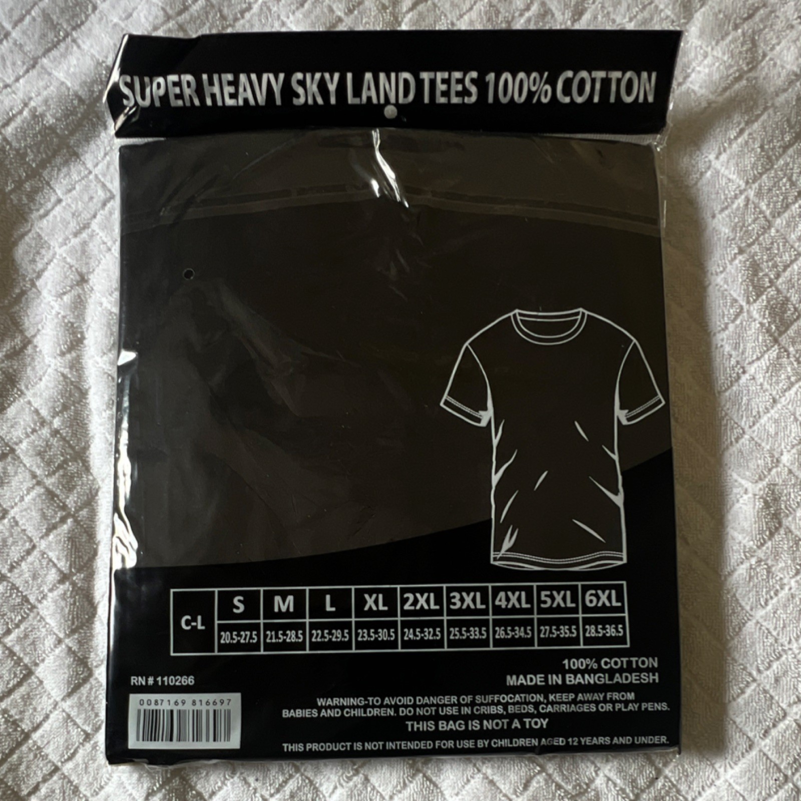 Sky Land 100% Cotton Super Heavyweight Short Sleeve Crew Neck T-Shirt Black 6XL