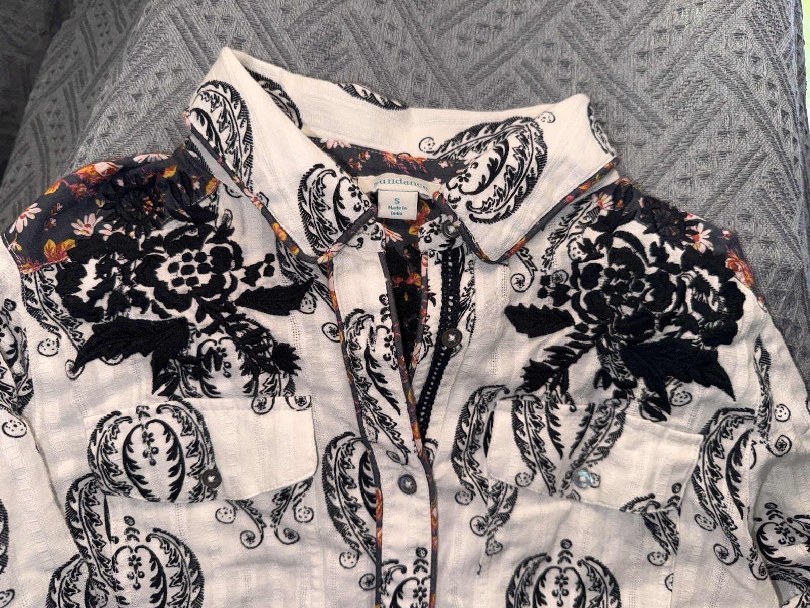 Sundance Women’s S White/Black Paisley Embroidered Collared Woven Cotton Shirt