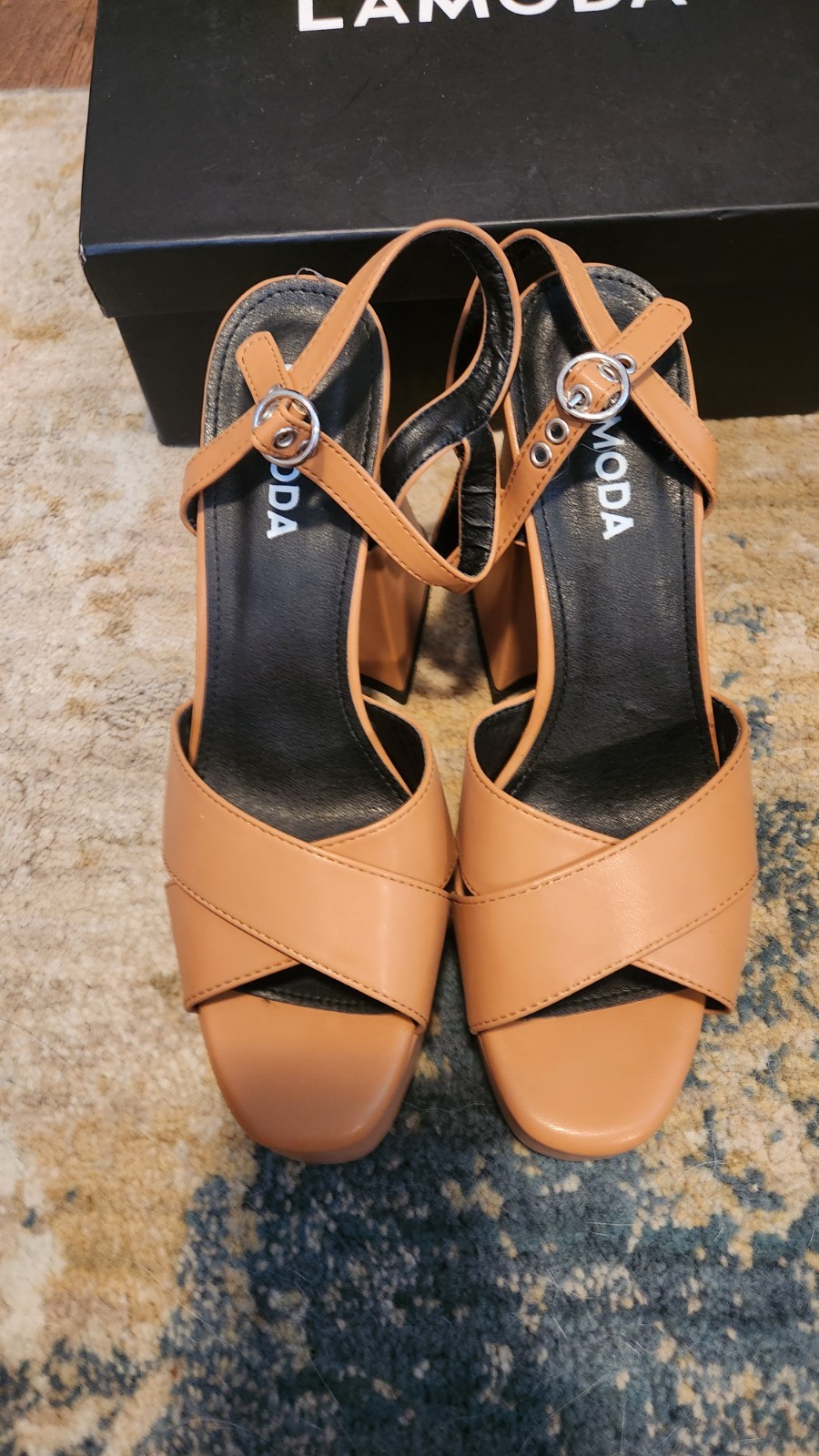 Lamoda flared heel platform sandal in Camel