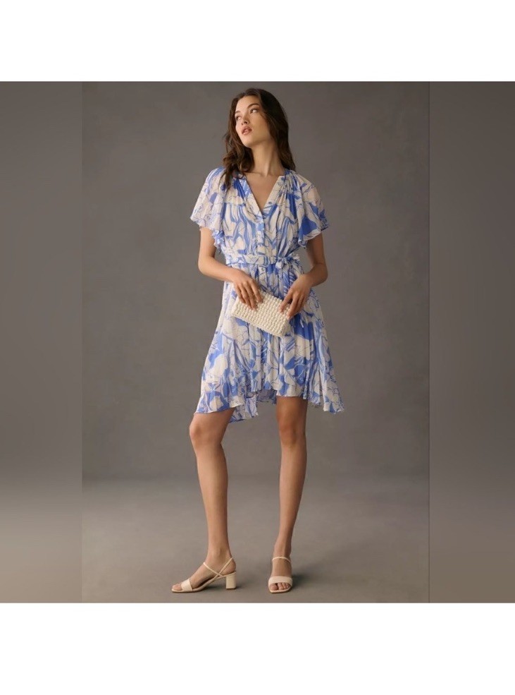 Anthropologie Blue White Floral Midi Dress M Belted Pleated Sheer Flutter Sleeve