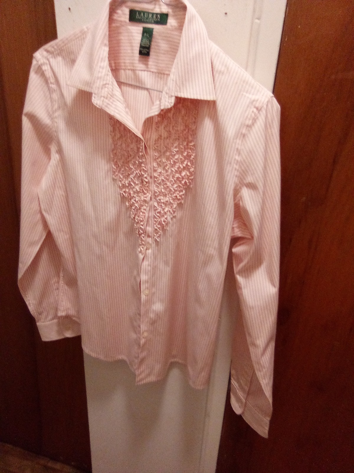 ” Lauren” Ralph Lauren Petite Pink& White Ruffle Front Cotton Shirt Blouse….