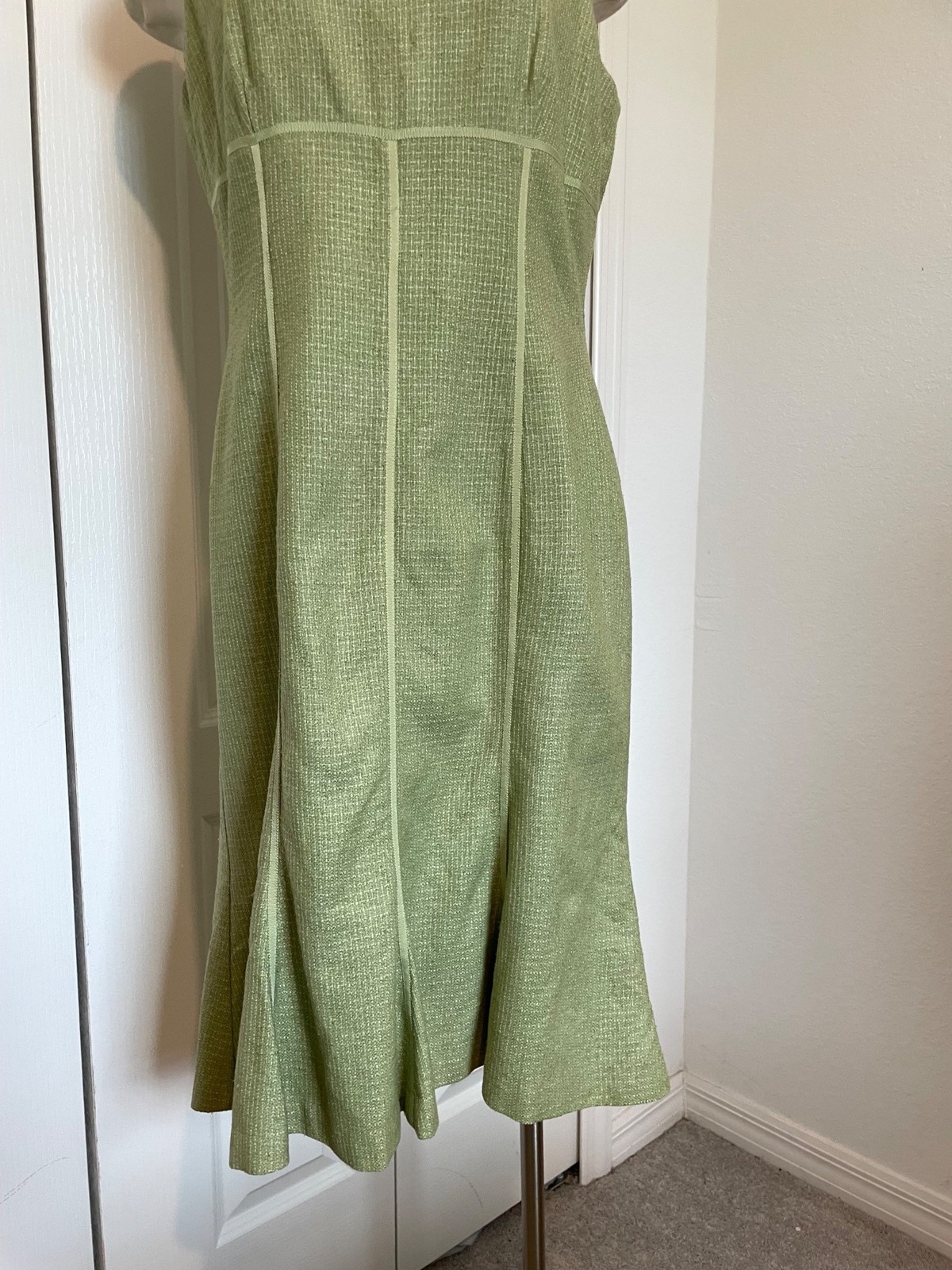 Vintage Talbots Classic Green Tweed Sleeveless Dress Ribbon + Ruffle Hem Size 12