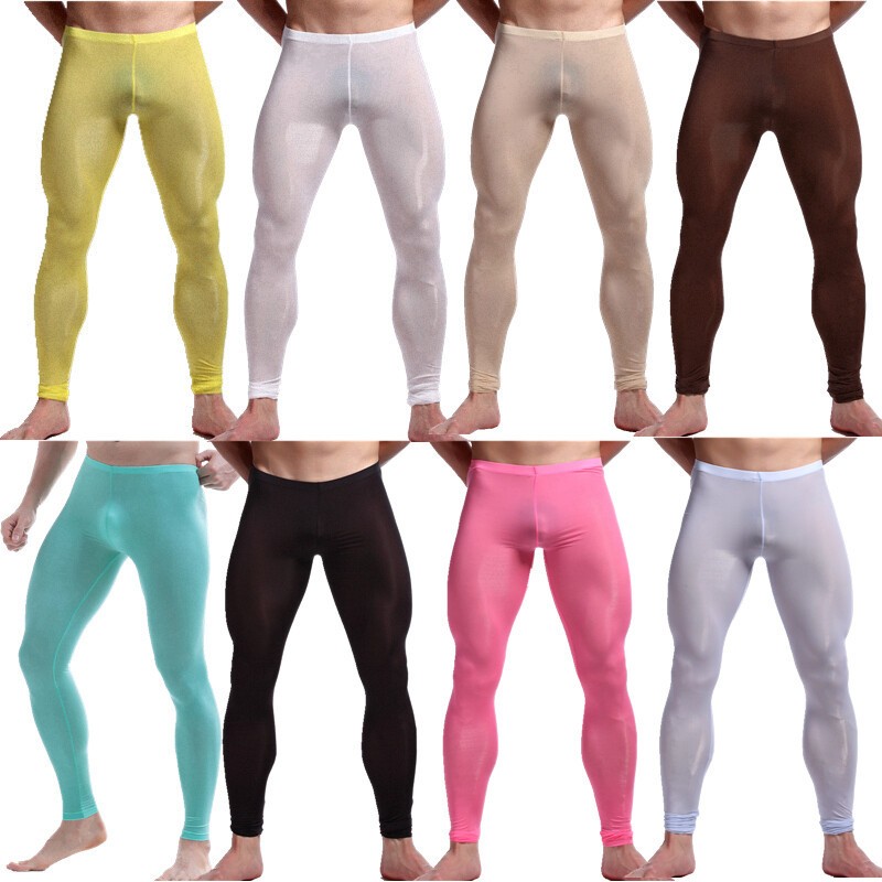 Men SexyLingerie Ice Silk Thin Long Johns Pants Leggings Sleepwear Underwear GYM