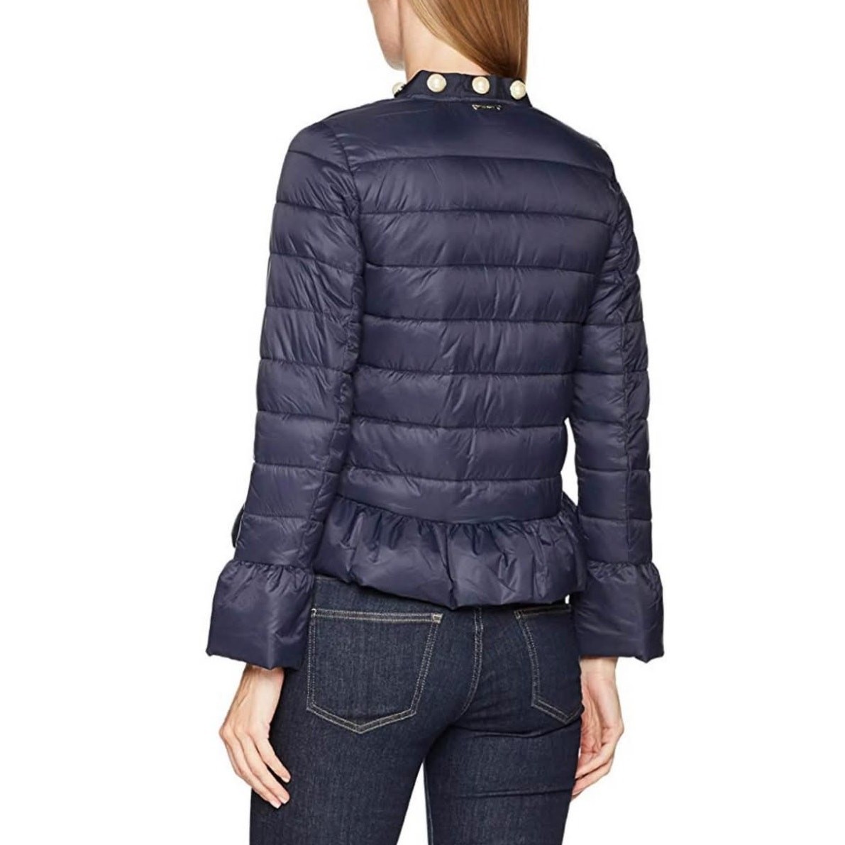 Twinset Simona Barbieri Pearled Trim Ruffle Quilted Puffer Jacket Navy 44 46 M L