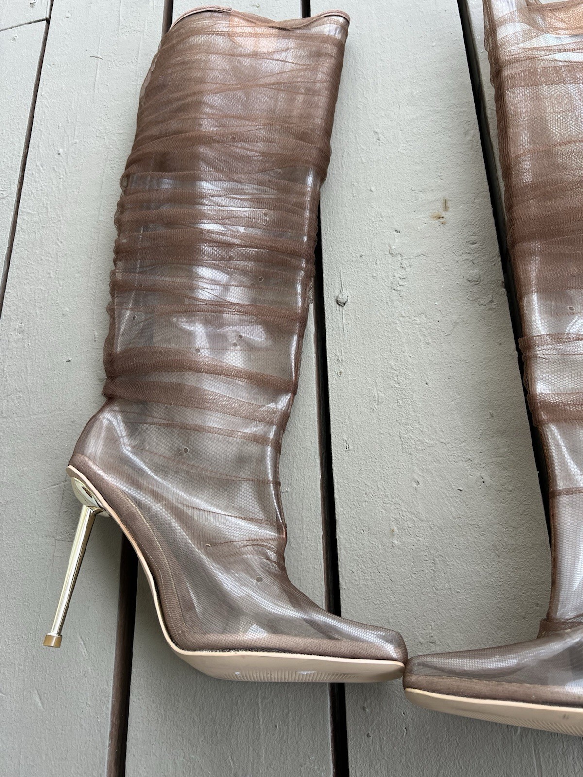BFlyLA Knee High Brown; PVC, air holes, 4-inch gold heel, and brown mesh 10.5
