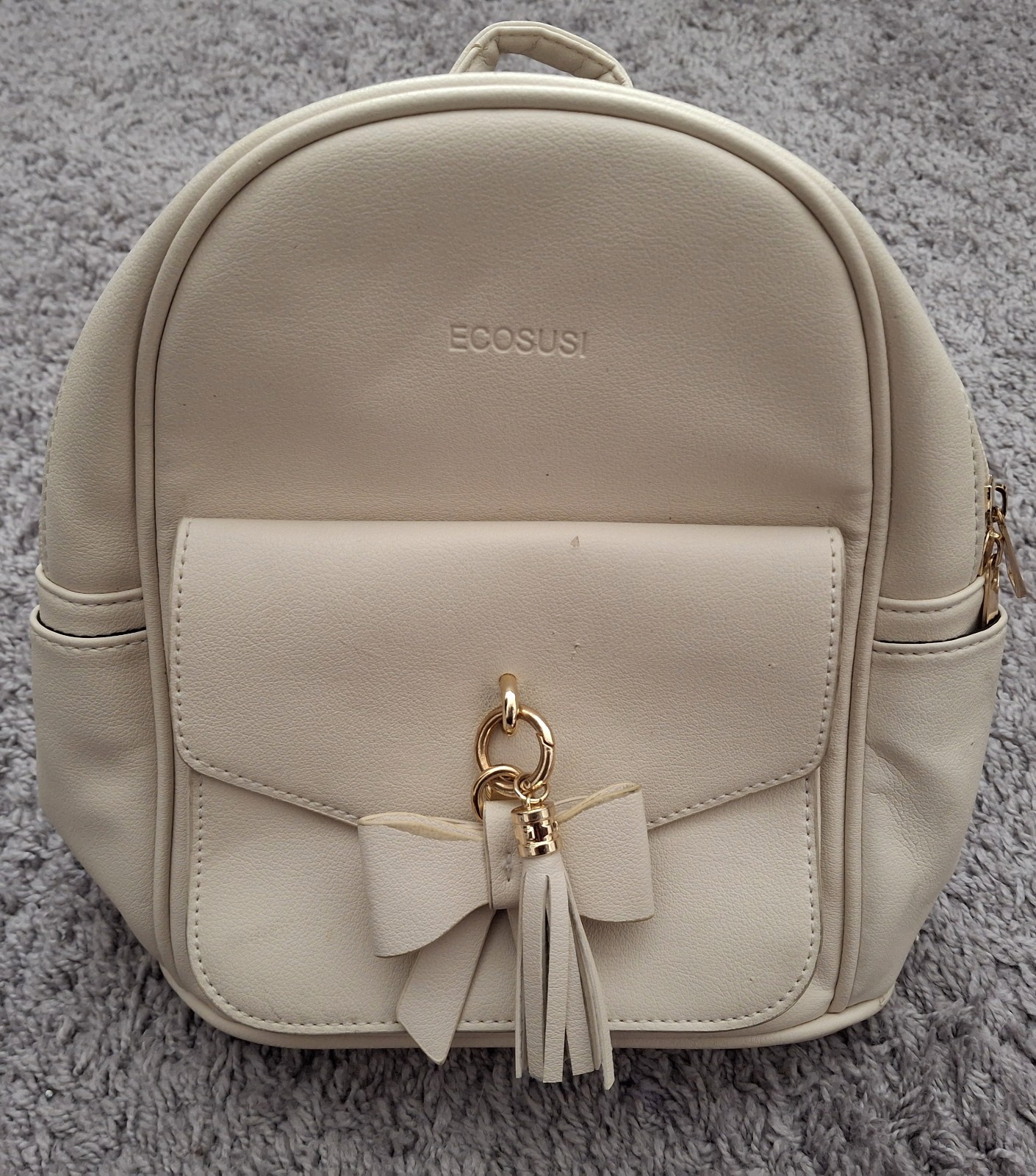 Ecosusi Women’s Cream Mini Small Backpack Bow Gold Zip Close Adjustable Straps