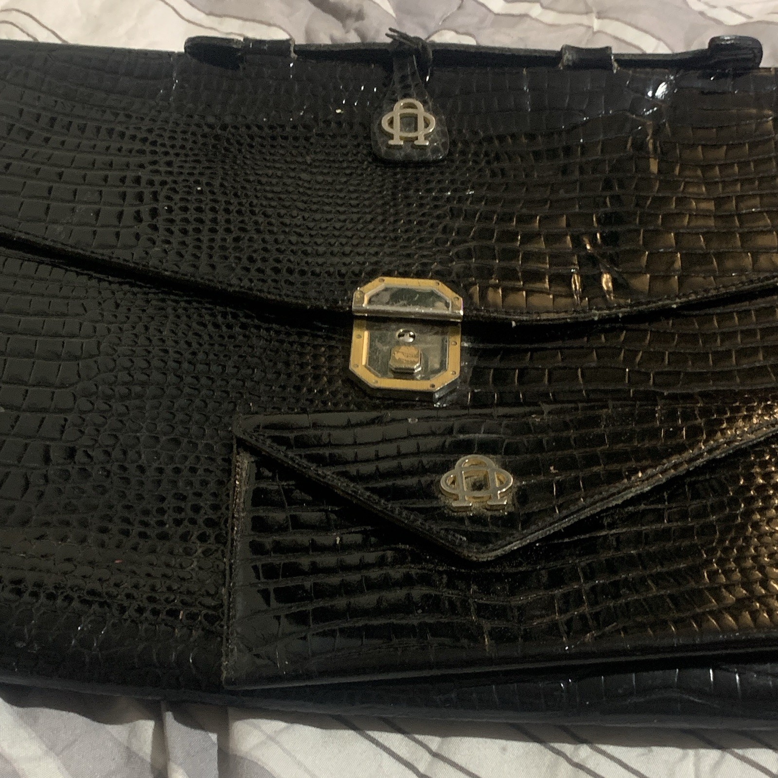 Black Crocodile Embossed Patent Clutch, Gold Hardware Turn Lock, Logo