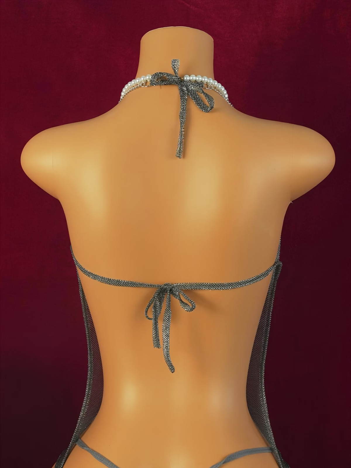 NEW Asian 1-Size Sexy Silver Backless Bodycon Lingerie Open-Cut Design w Chains