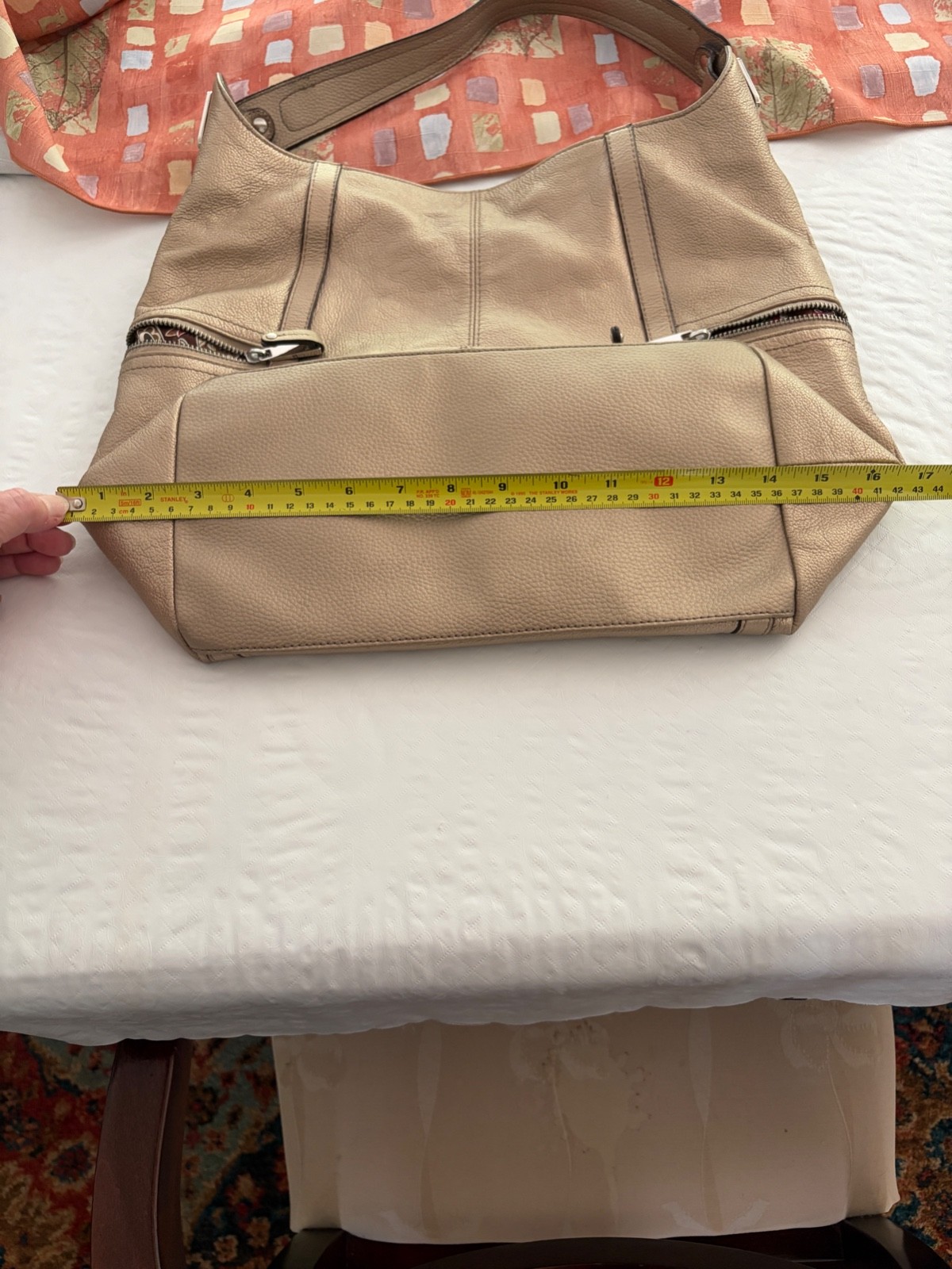 Tignanello Gold Pebbled Shoulder Bag Geometric Silver Hardware Inner Pockets