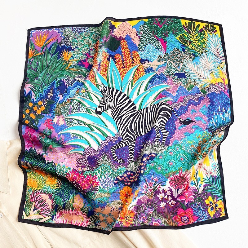 100% Mulberry Silk 20″ square Scarf Women neckerchief Wrap Forest Jungle Zebra