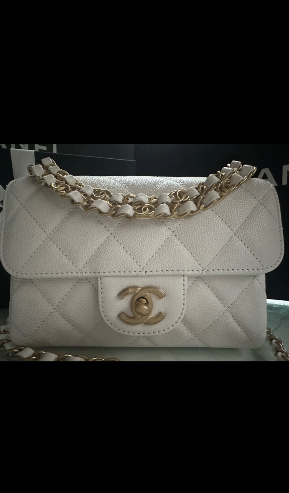 New 25P CHANEL White CAVIAR CC Chain Top Handle Timeless Mini Flap Bag Gold