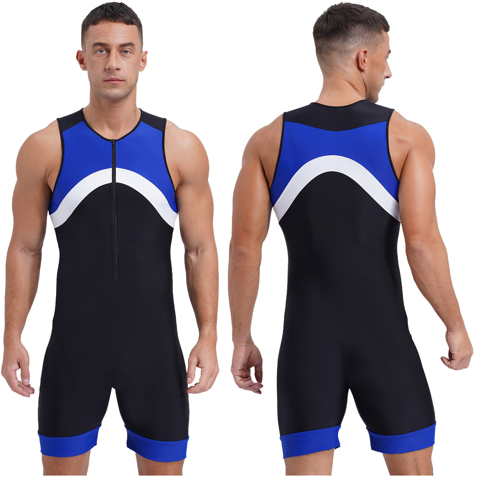Mens One Piece Swimsuit Swimwear Athletic Jumpsuit Unitard Front Zipper Leotard