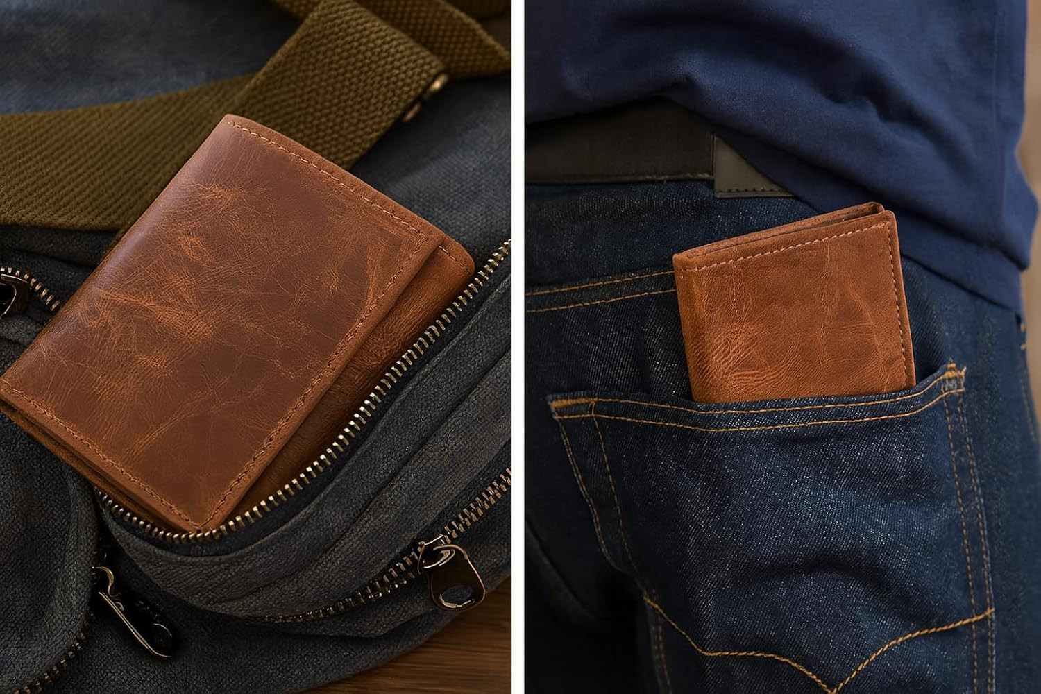 Tri Fold Leather Wallet for Men with RFID | Slim Wallets for Men with 1 ID and 6