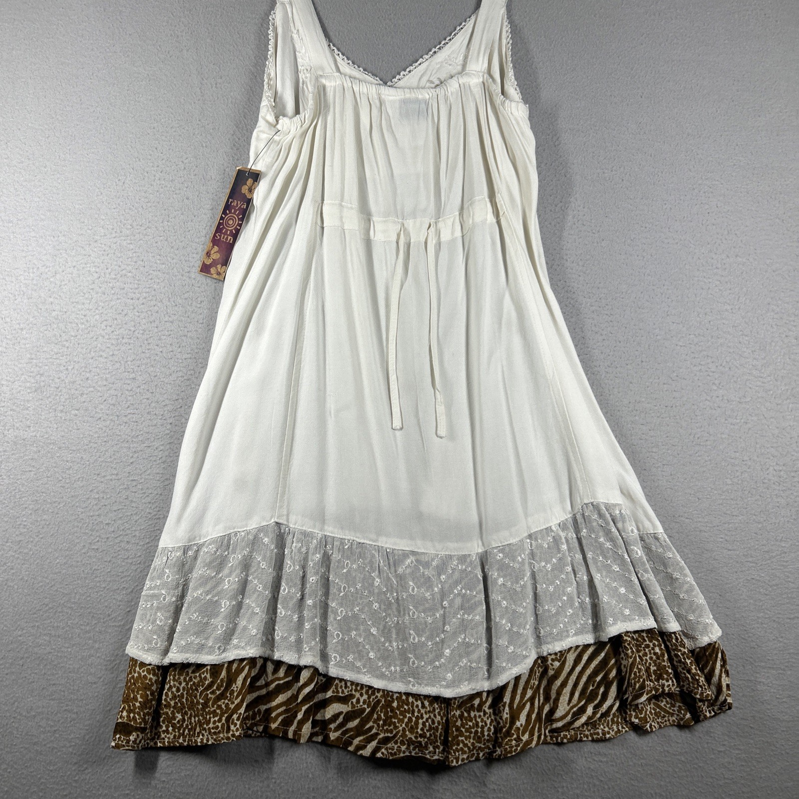 Raya Sun Women’s Size L Boho Embroidered Sundress Lace Trim Hand Wash Beige 38”