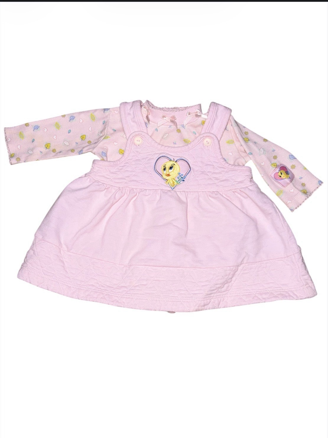 VTG Looney Tunes Tweety Bird Heart Embroidered 2pc Outfit 3/6M Set