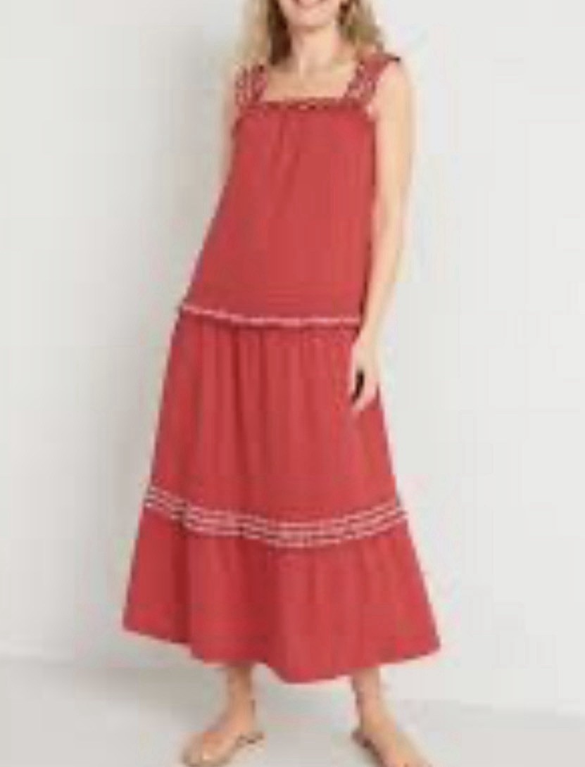 Old Navy Midi Tiered Red Dress L Beach Vacation Preppy Summer Smoked Sleeves