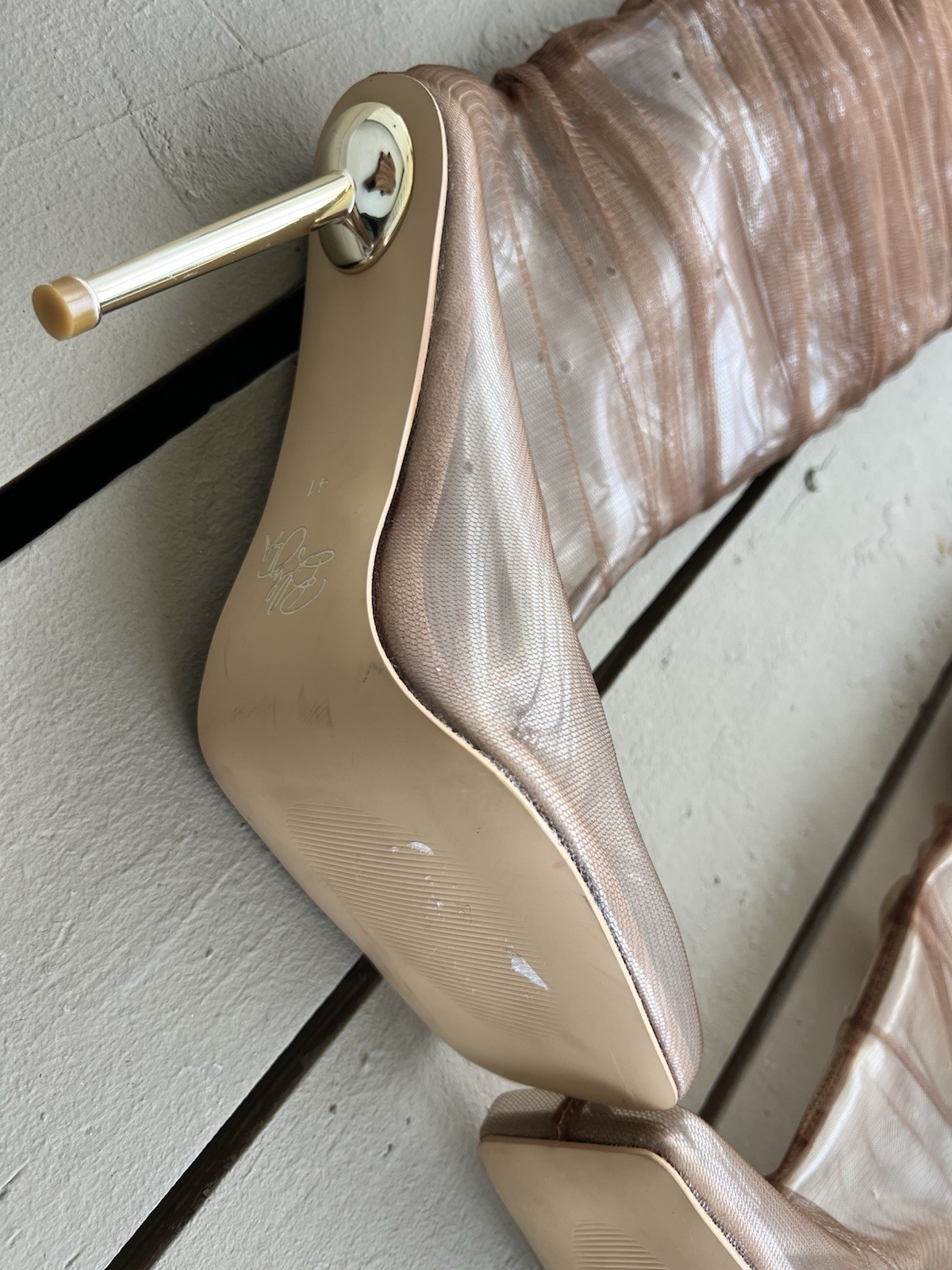 BFlyLA Knee High Brown; PVC, air holes, 4-inch gold heel, and brown mesh 10.5