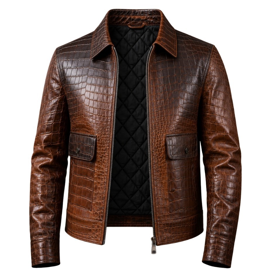 Mens Brown Real Leather Crocodile Pattern Genuine Casual Jacket Alligator Print