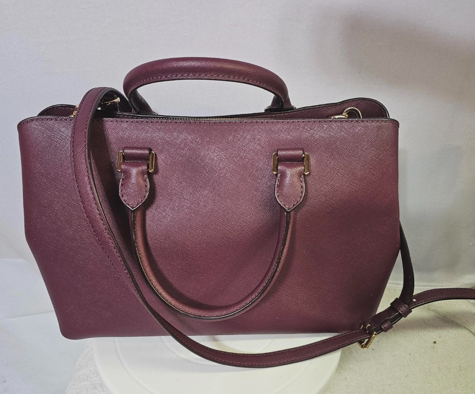 Michael Kors Savannah Large Satchel Burgundy Saffiano Leather Crossbody Bag Gold