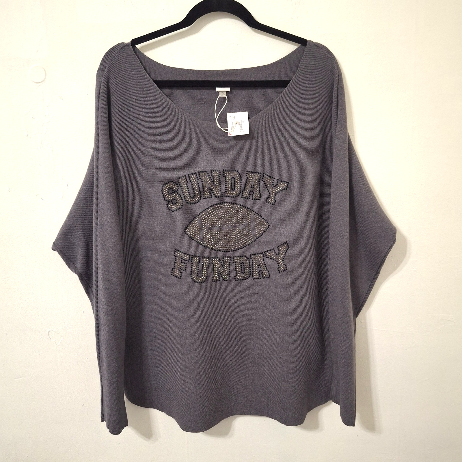 Vila Milano Sunday Funday Rhinestone Football Knit Sweater Gray XL NWT Boutique