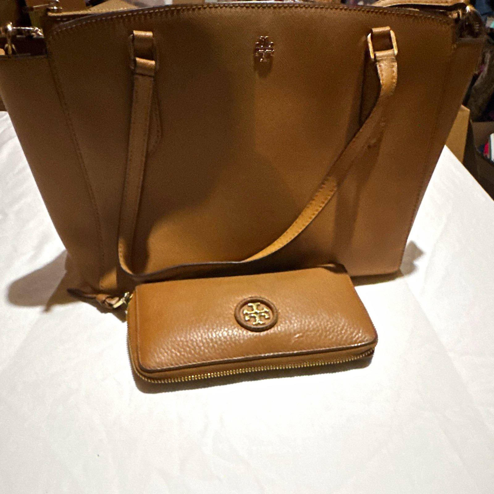 Tory Burch Brown Pebbled Zip Tote Detachable Strap Zip Wallet Gold Hardware