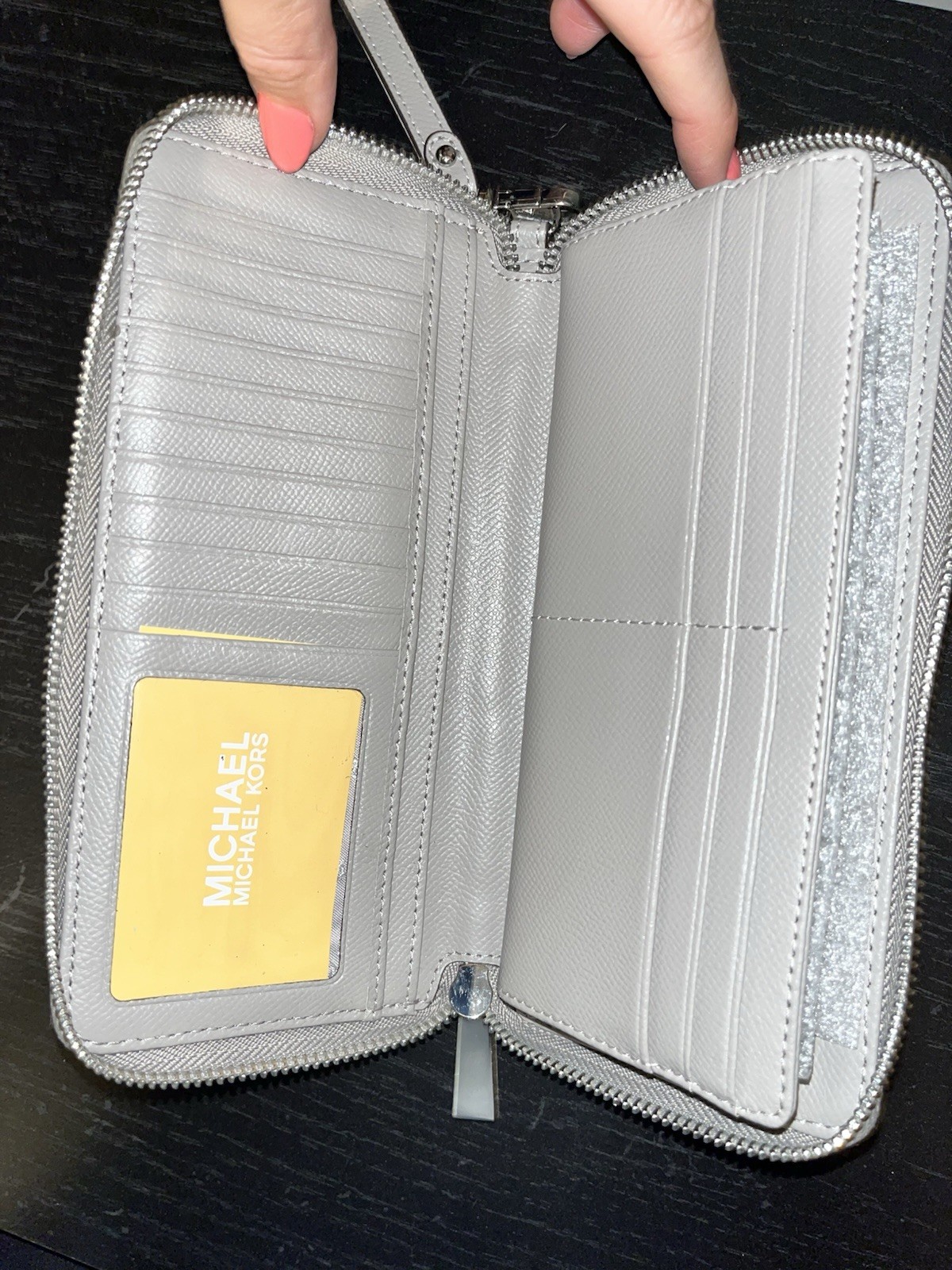 Michael Kors Taupe Gray Zip Around Wristlet Continental Wallet Gunmetal Zipper