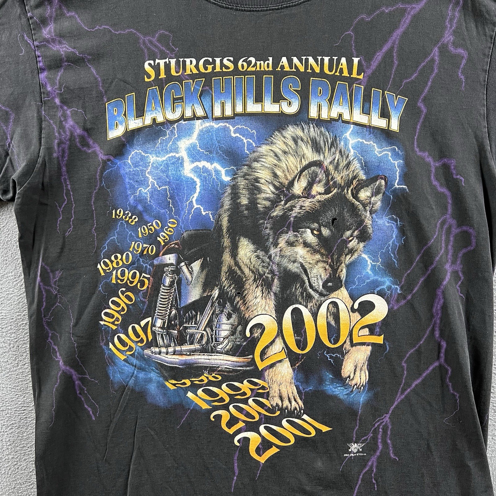 Vintage Sturgis Shirt Mens Large Black Purple Lightning Wolf Biker Rally AOP