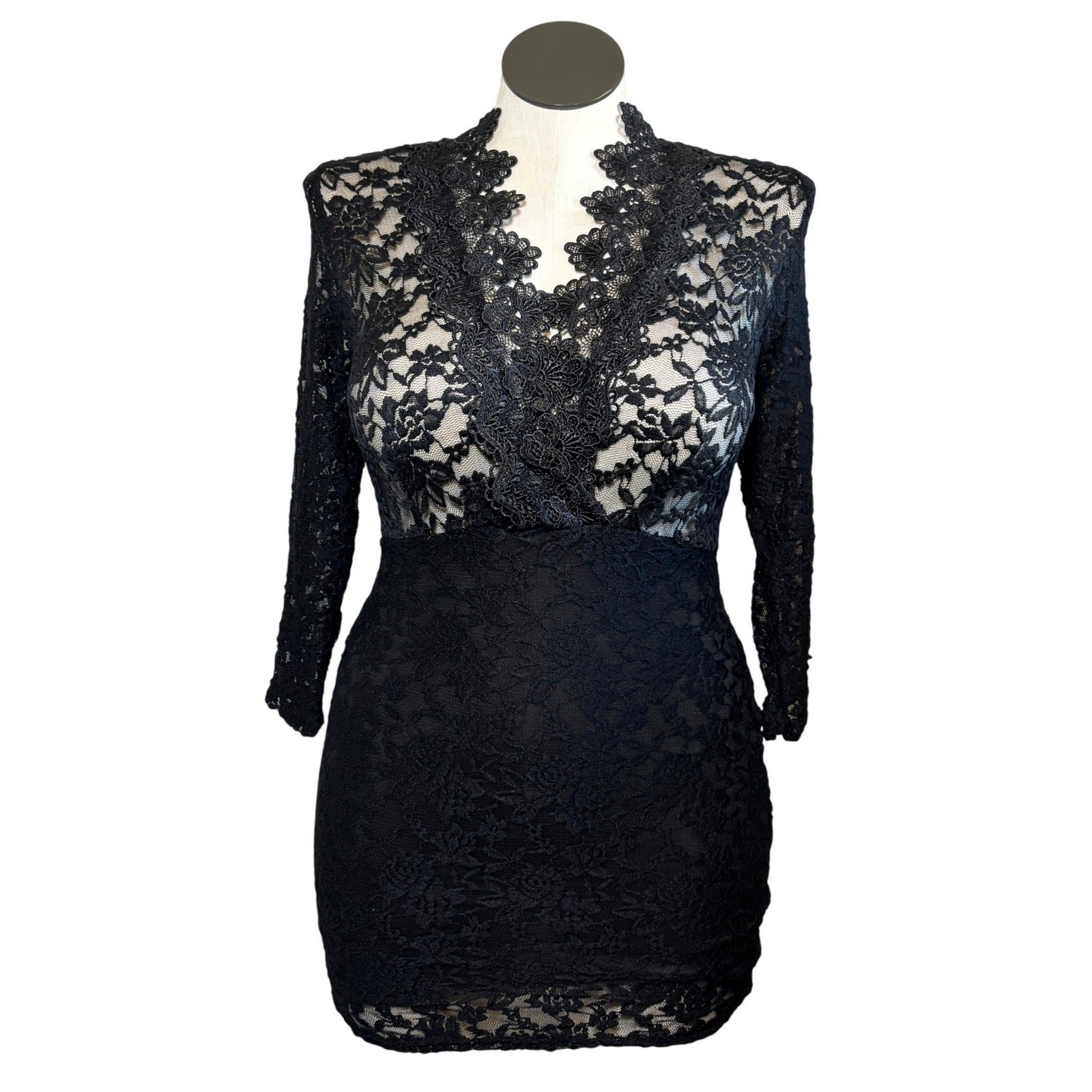 Black Sexy Lace Form Fitting Dress Deep V-Neck Scalloped Trim 3/4 Sleeve Large