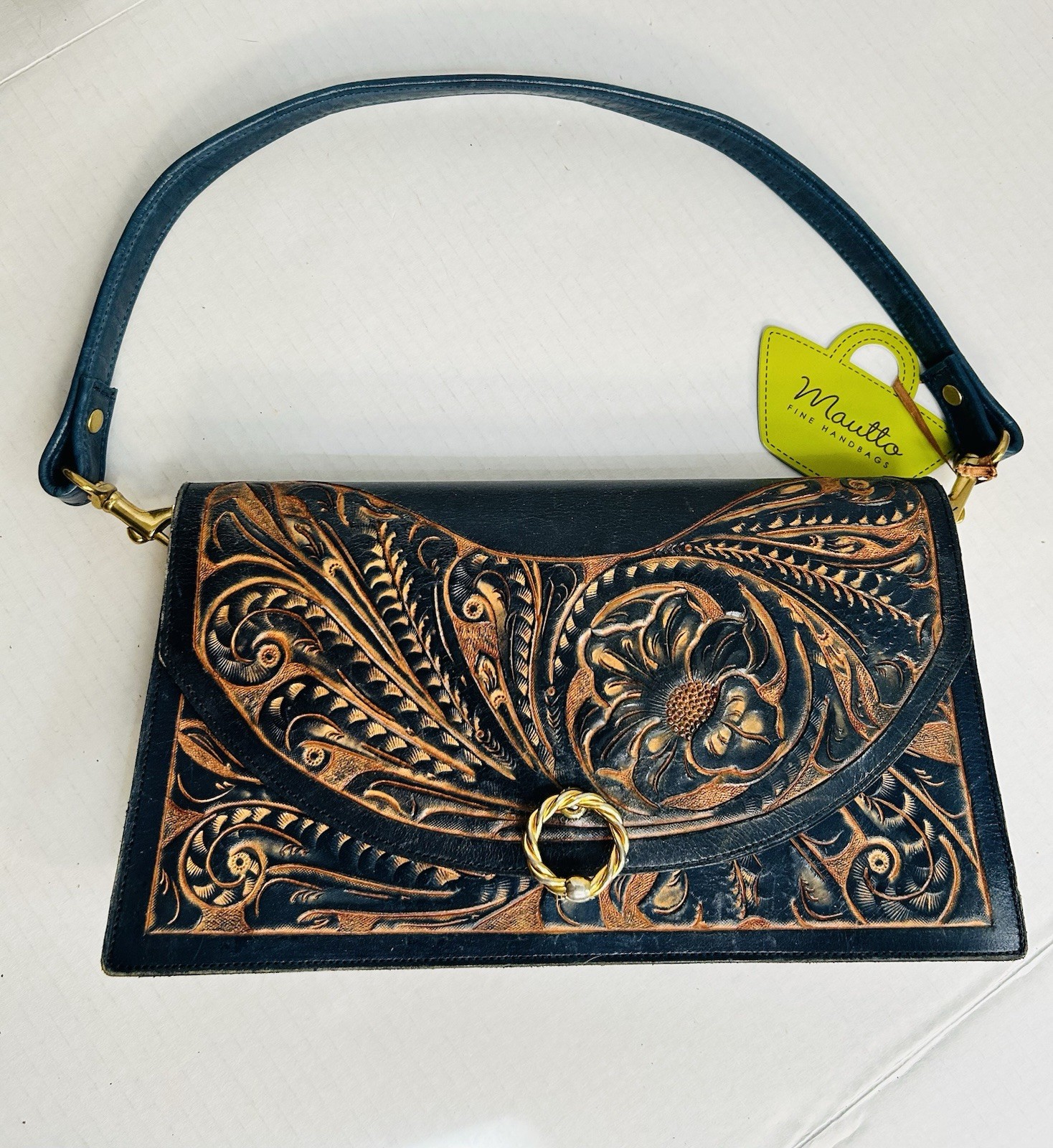 Navy Blue Hand Tooled Leather Purse Flowers Southwestern Bohemian Mautto Strap