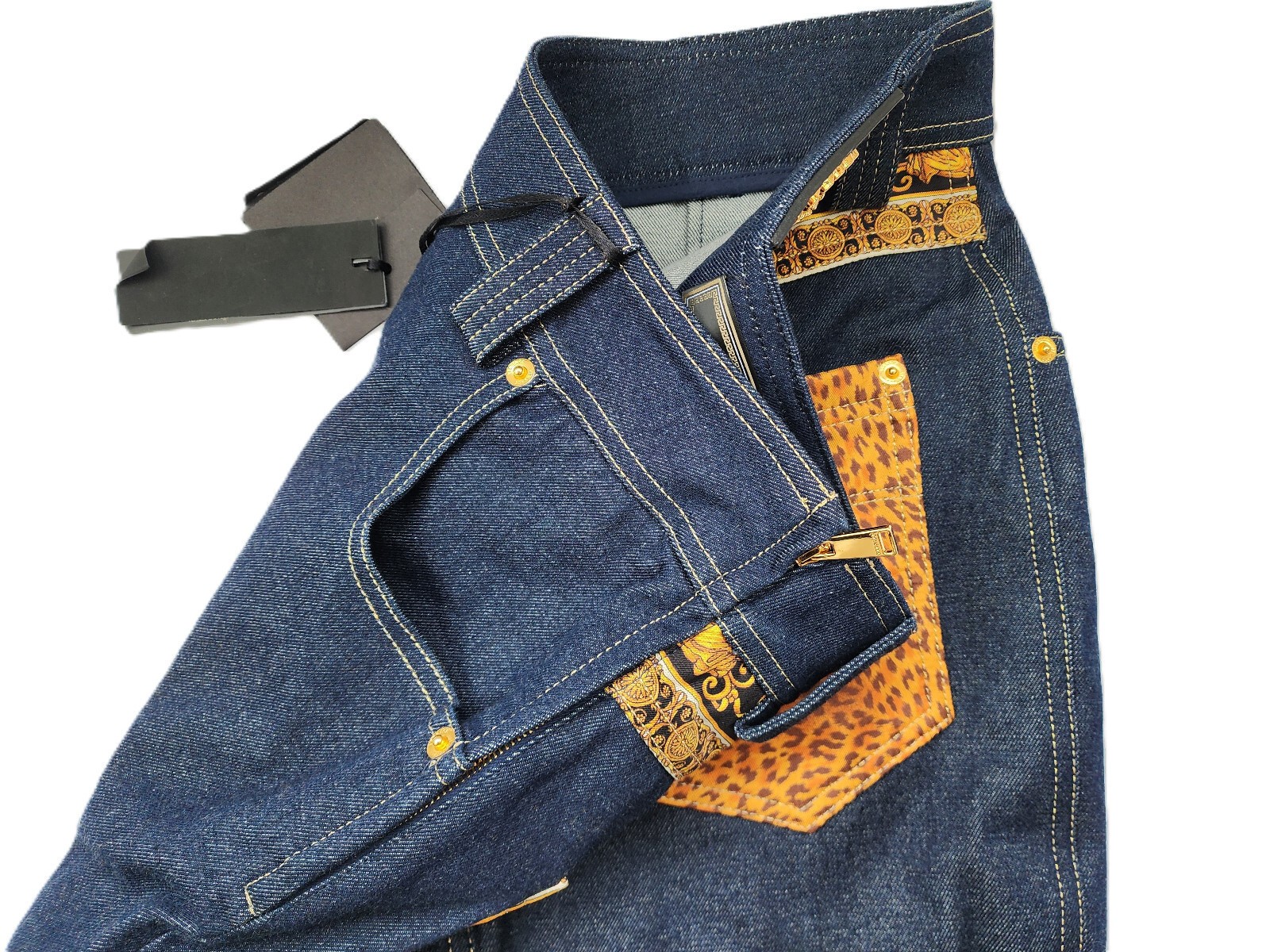 $2995 Designer VERSACE Women’s Indigo Gold Stitching Medusa Long Denim Skirt 40