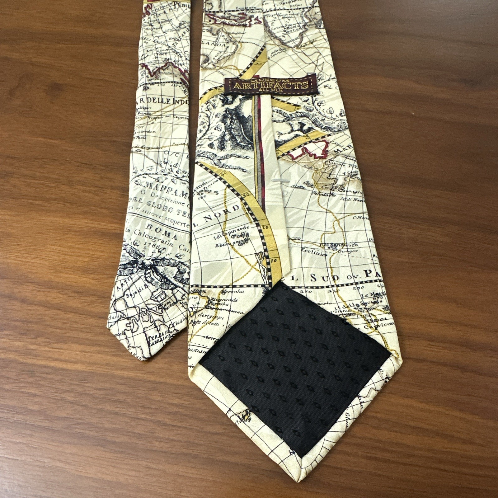Museum Artifacts Men’s Silk Map Print Tie Beige Black Yellow Red Handmade Woven
