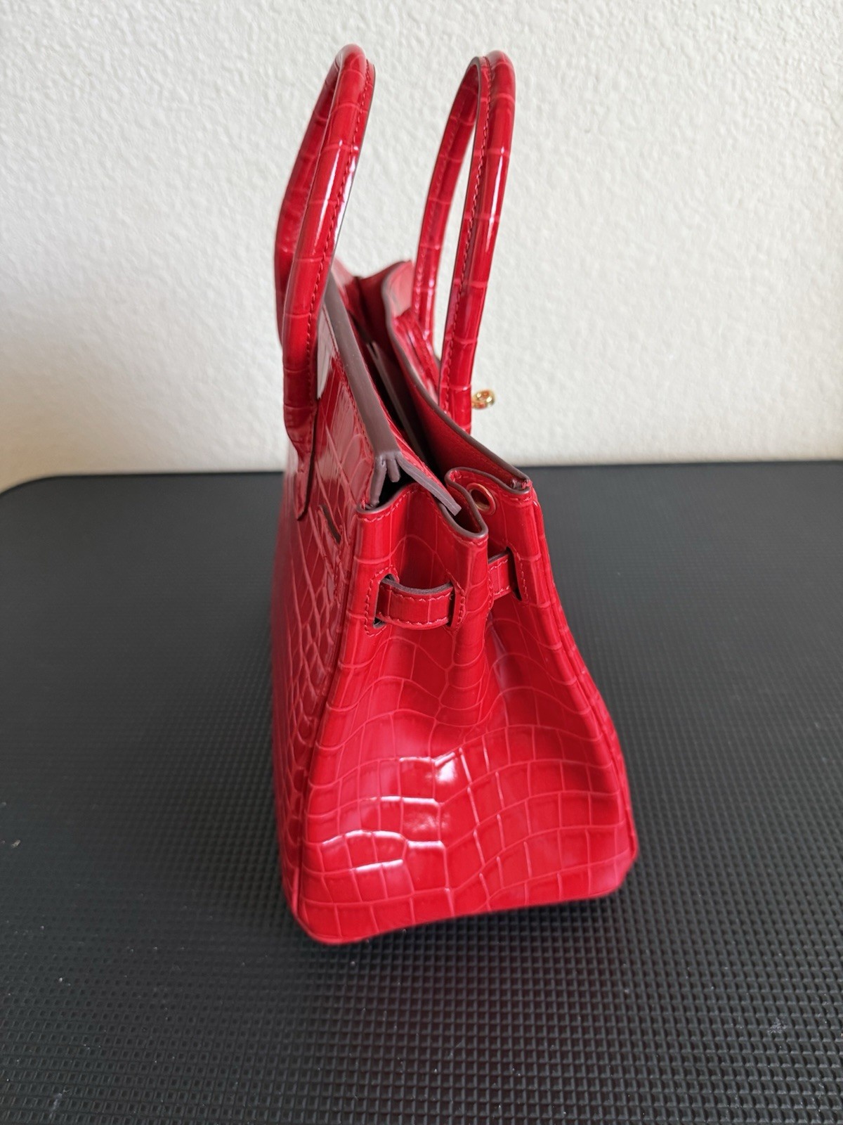 Red Crocodile Embossed Patent Satchel Top Handle, Gold Hardware, Lock, Pockets