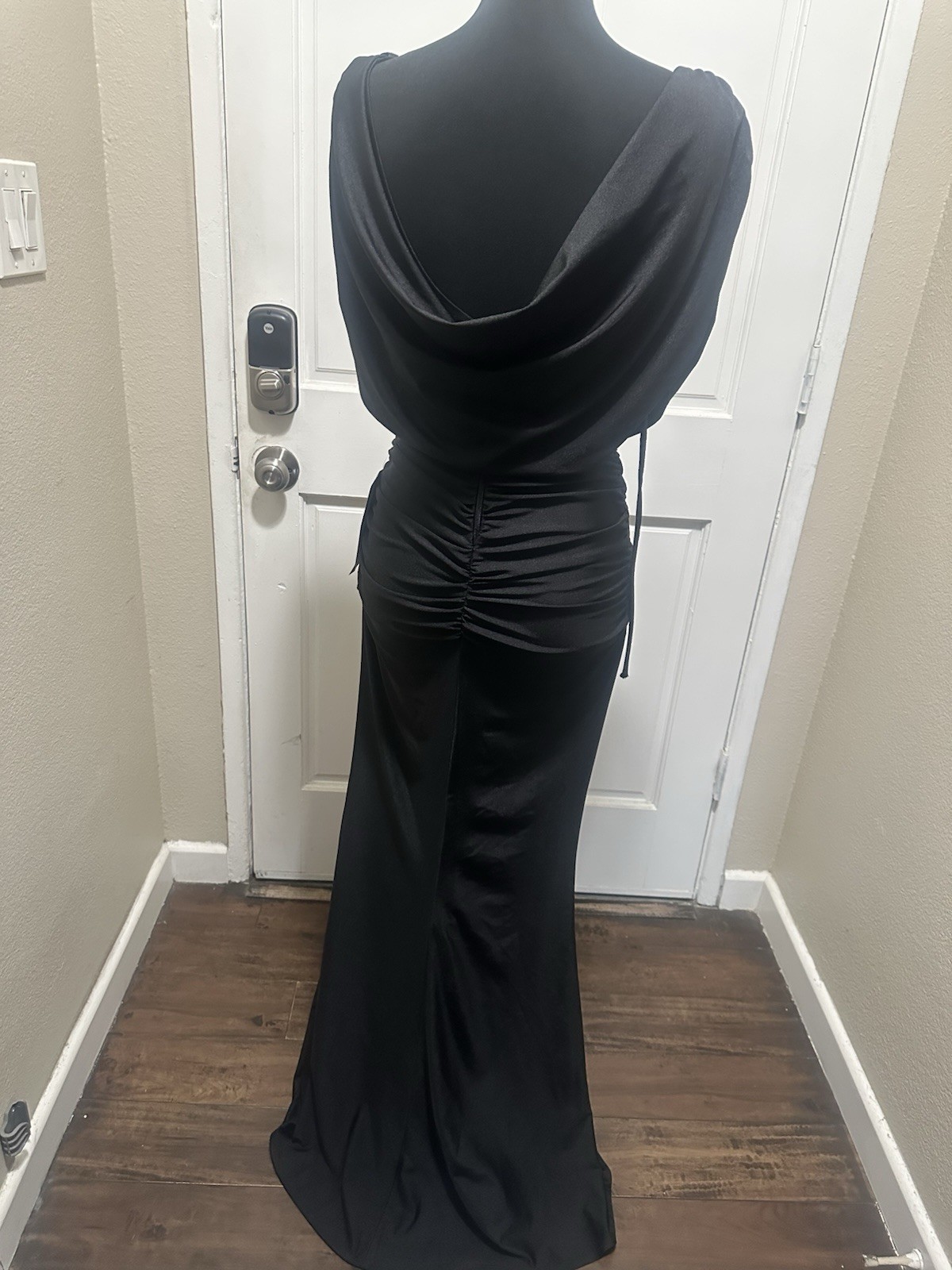 Alex & Sophia Black Solid Cowl Neck Ruched Draped Zip Maxi Dress Formal 5/6