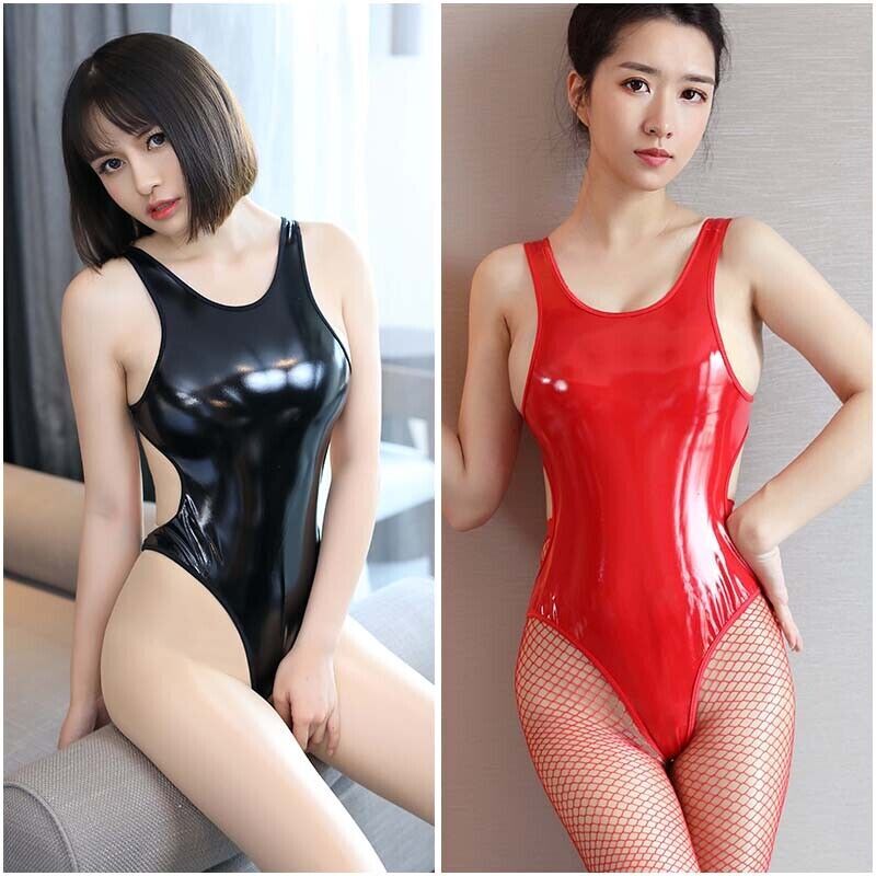 Women PVC Leather Shiny Wetlook Bodysuit High Cut Thong Leotard Catsuit Clubwear