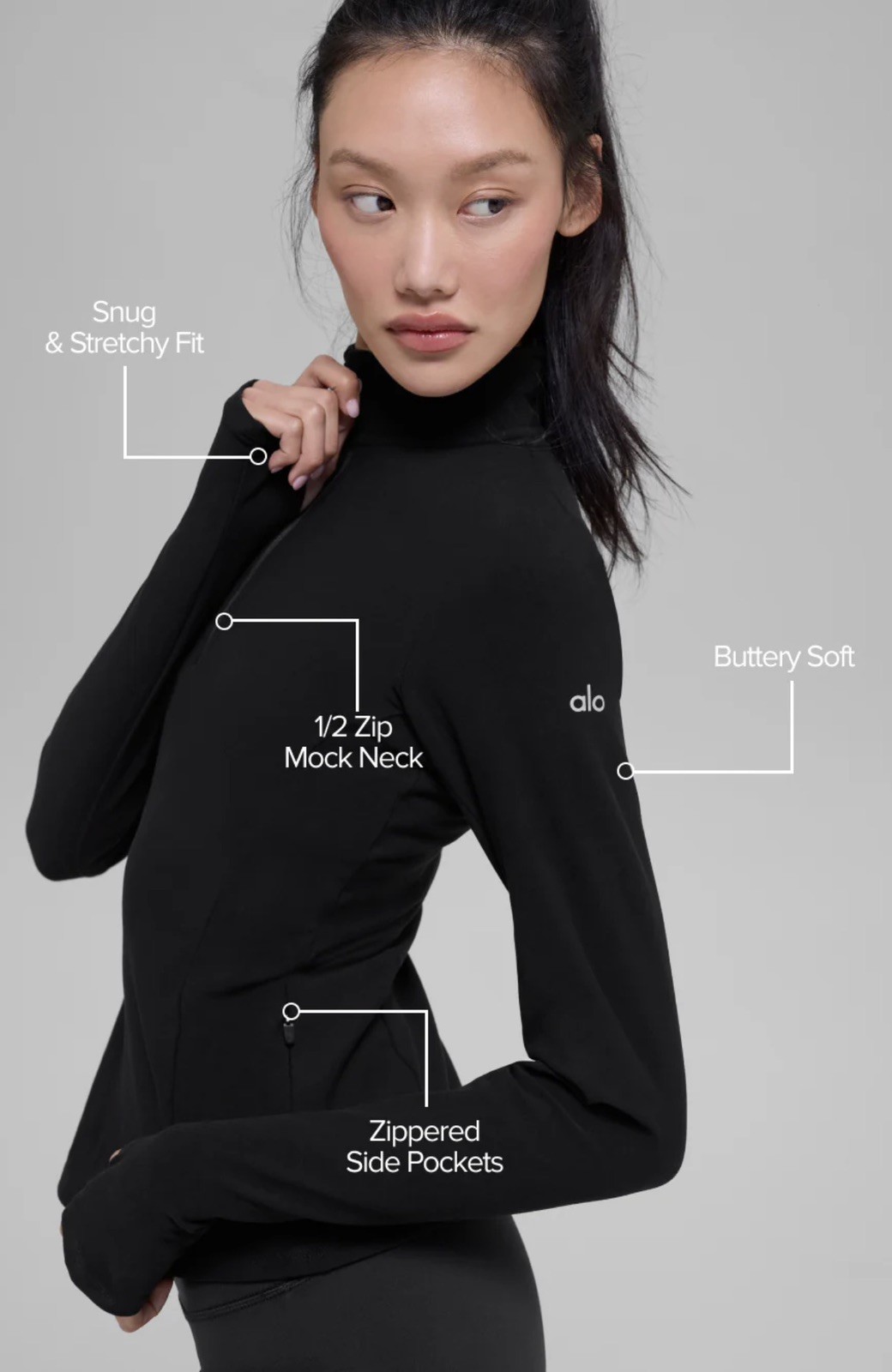 NWOT Alo Alosoft 1/2 Zip Rapid Pullover in Black Solid Stretch Fitted Top XS
