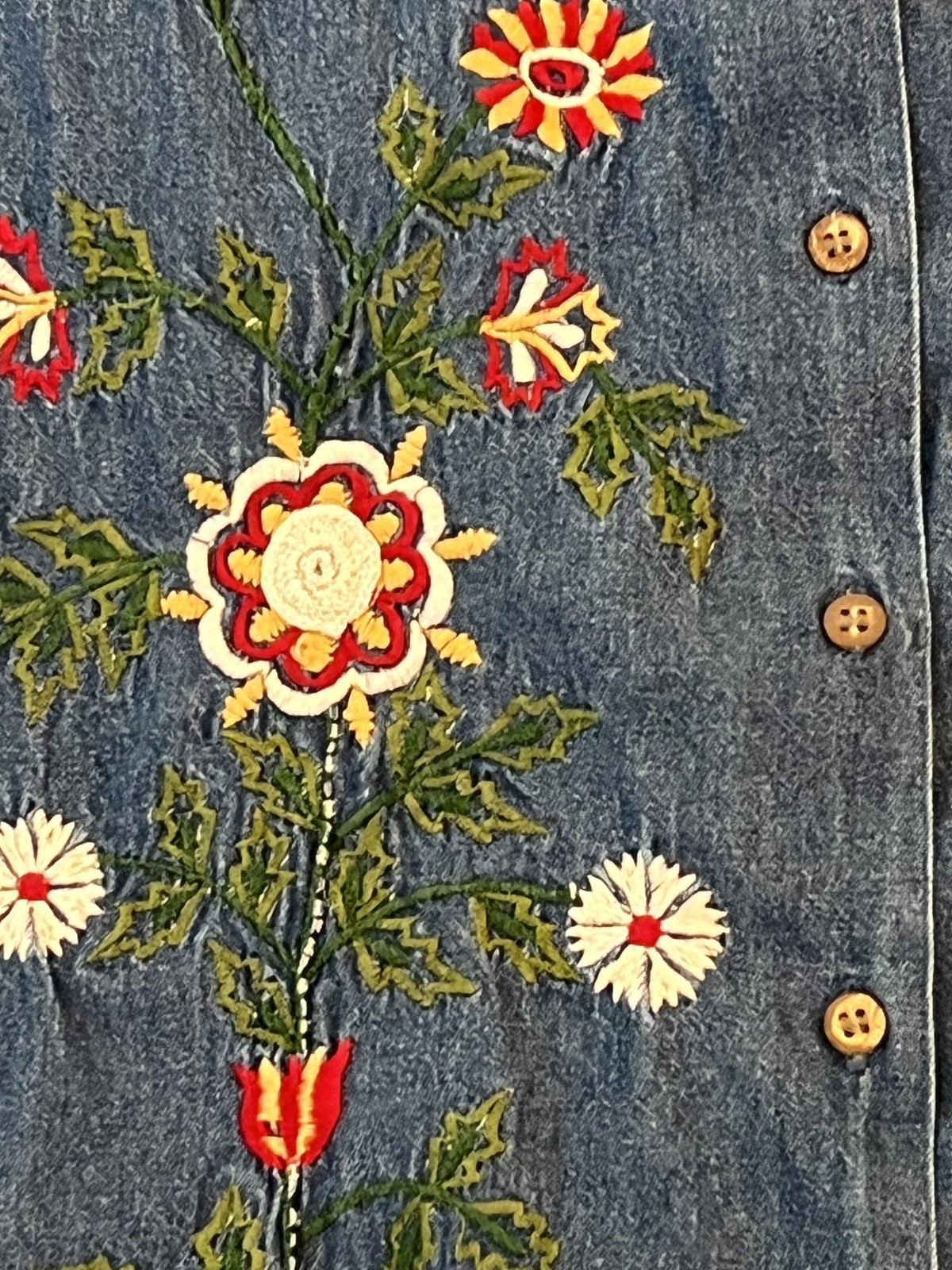 Bobbie Brooks Denim Embroidered Floral Shirt Button Up Tunic Womens XL Blue