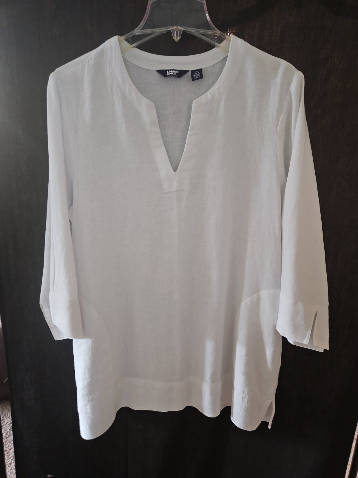 Lands End Linen Blend Tunic Swim Coverup Womens Medium White Pockets Beach