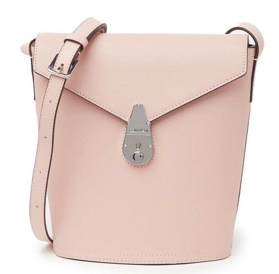 CALVIN KLEIN Womens Lock Daytonna Leather Bucket Bag Crossbody $198 Blossom Pink