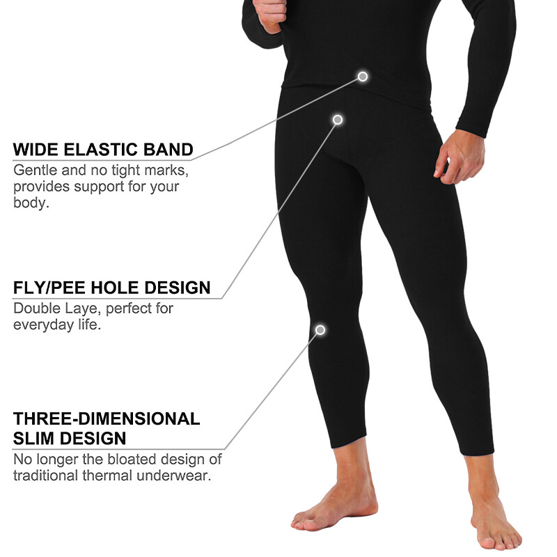 Men Fleece Lined Thermal Underwear Set Warm Soft Fit Long Johns Tops and Pants