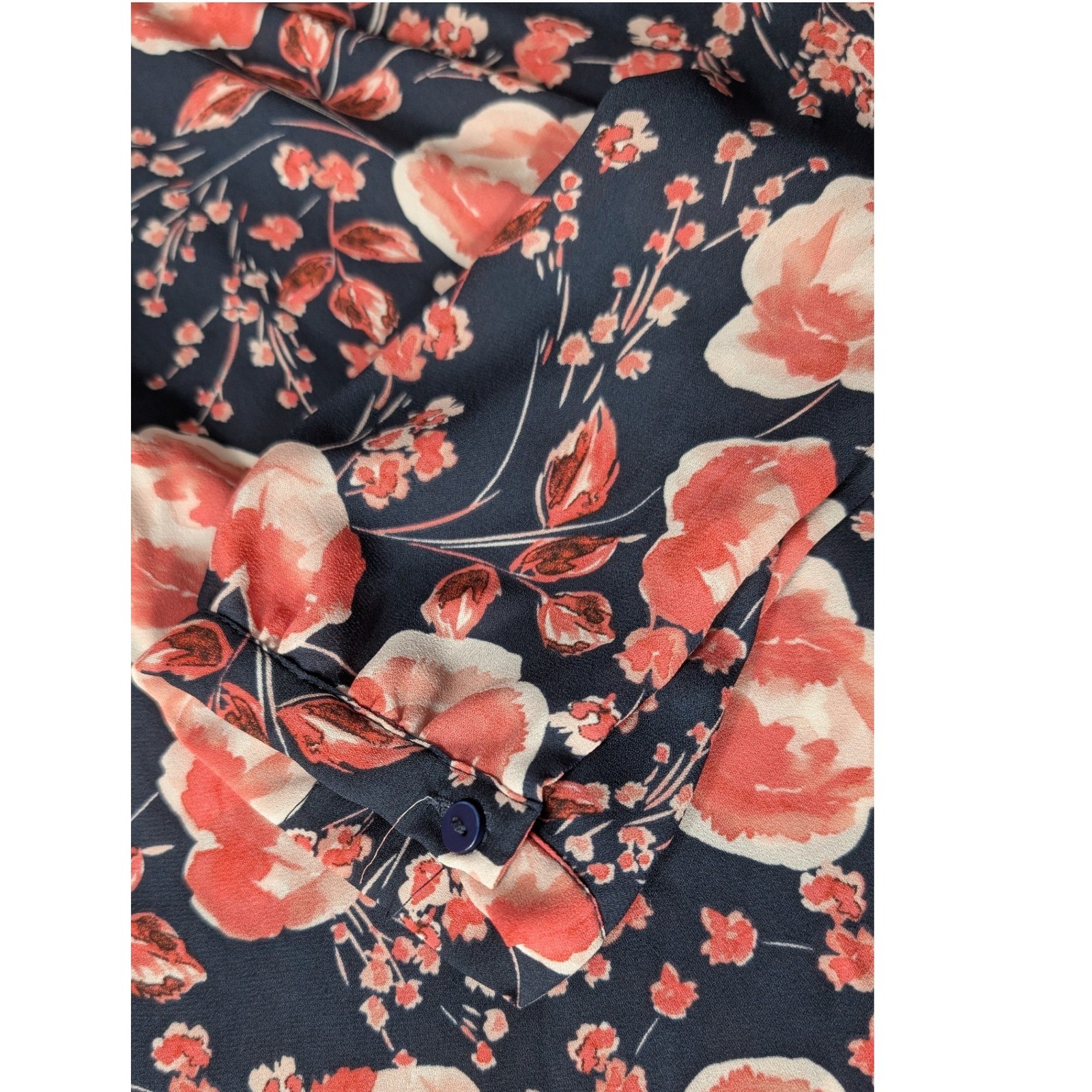 Adrianna Papell XL Blouse Floral Print Long Sleeve Split Neck Top Navy Blue Pink