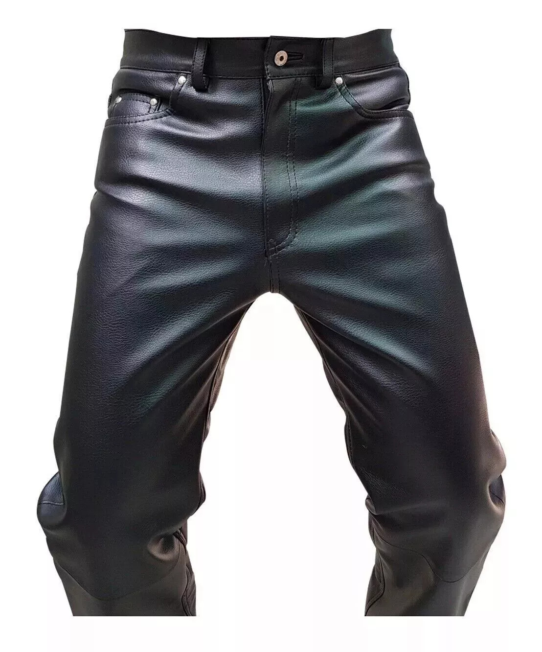 Mens Biker Jeans Real Black Or Cow Leather Sleek And Sexy 501 Style Pants New.