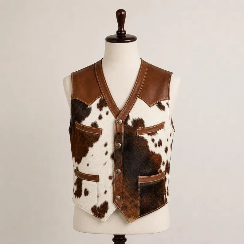 Handmade Cow Hide Leather Vest Brown White Yoke Snap Cowboy Waistcoat