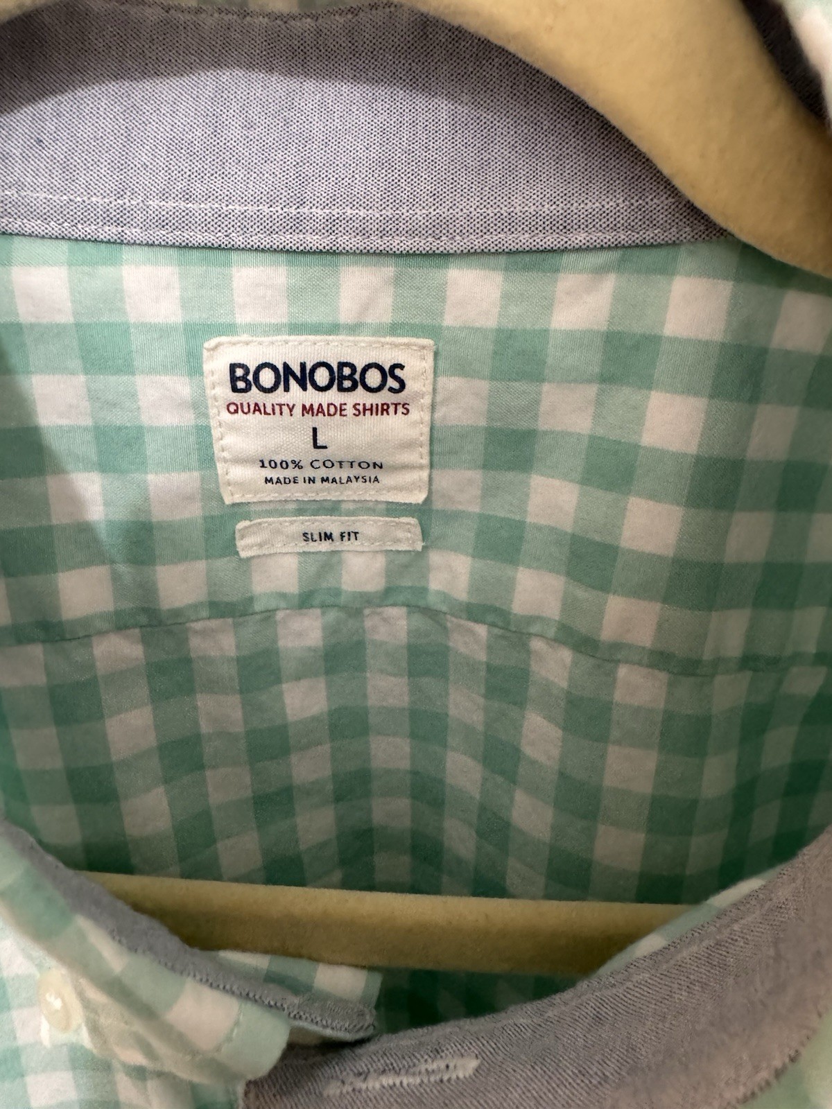 Bonobos Men’s Size Large Slim Fit Green Gingham Check Long Sleeve Shirt