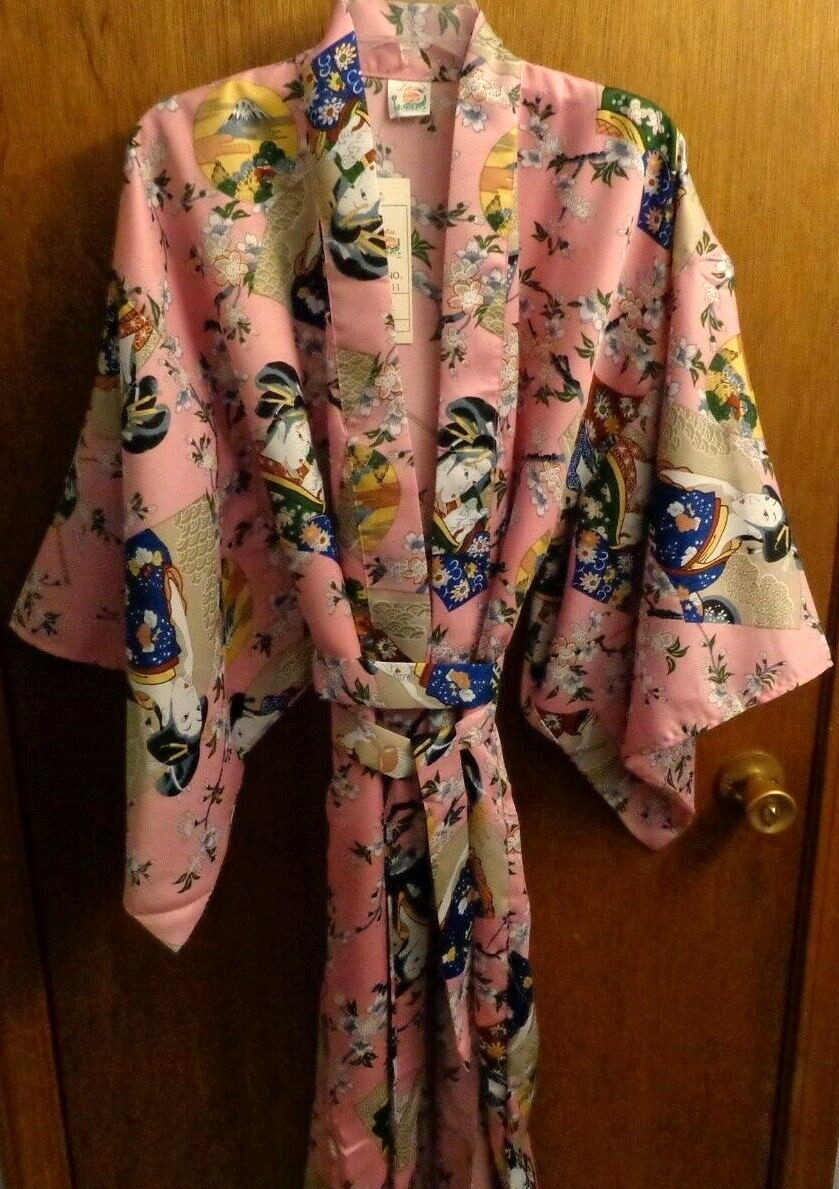 New Lotus Brand Pink Satin Oriental Kimono Lounge Robe Tie Belt Women L 46″ ch