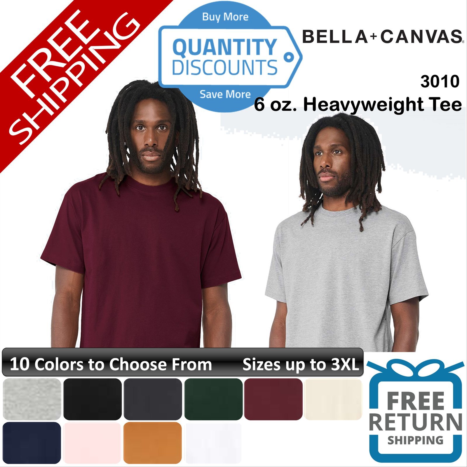 🔥 BELLA + CANVAS Men Pre-shrunk Short Sleeve Heavyweight Tee Up To 3XL 3010