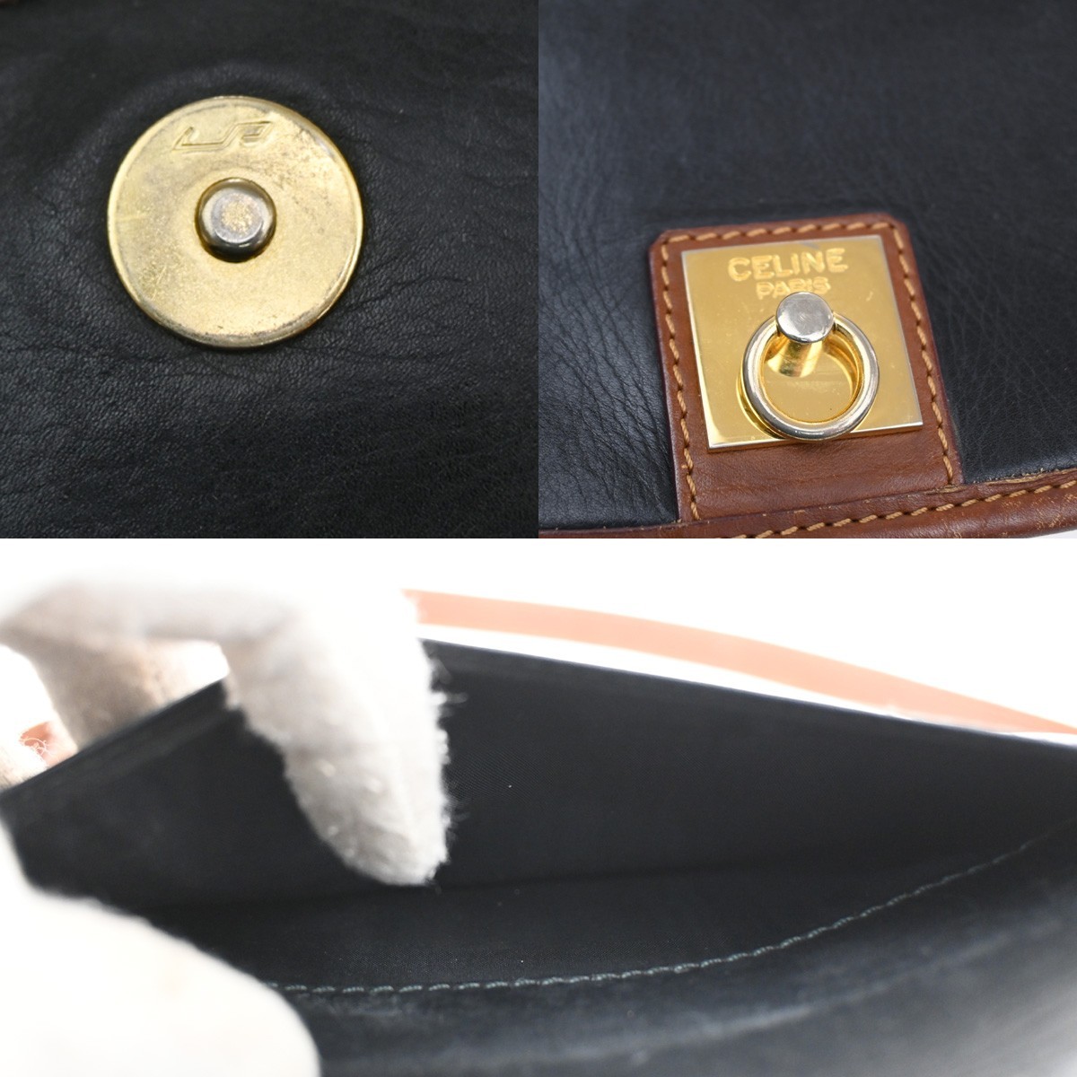 CELINE Ring Logo Shoulder Bag Leather Black Italy GHW 67CA399
