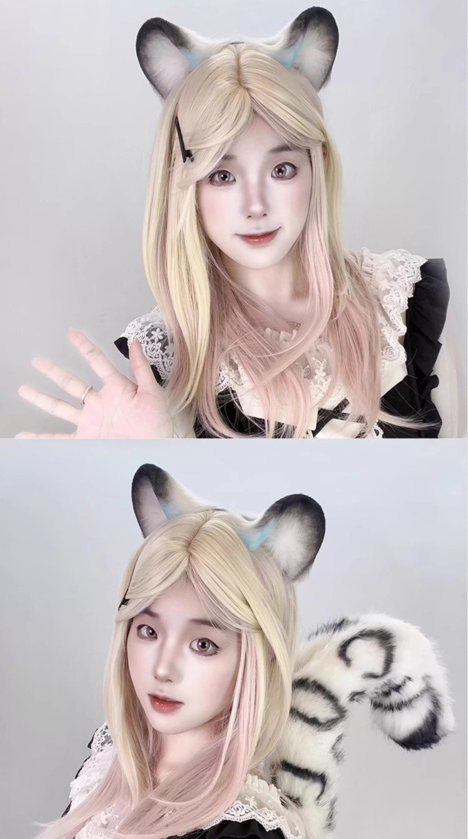 Snow Leopard Ears Headgear Headpiece 80cm Plush Tail Halloween Cosplay Prop Gift
