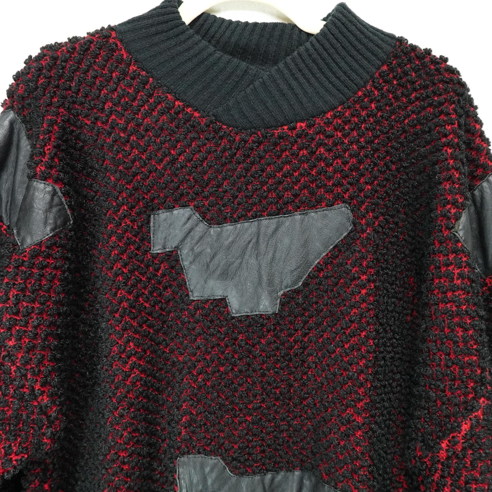 Vintage Mario Bellucci Sweater Mens XL Black Red Textured Leather Patch 90s