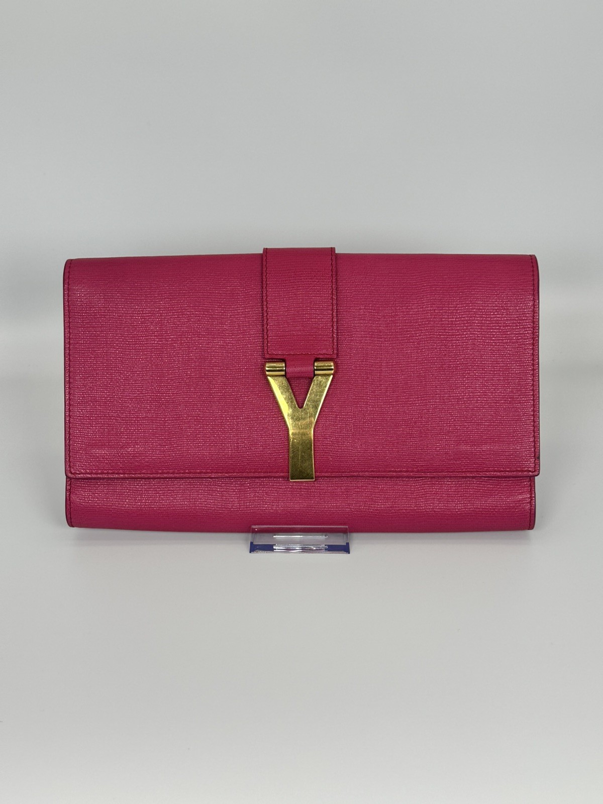 100% Authentic Saint Laurent Y Ligne Fuchsia Textured Leather Clutch COA & Chain