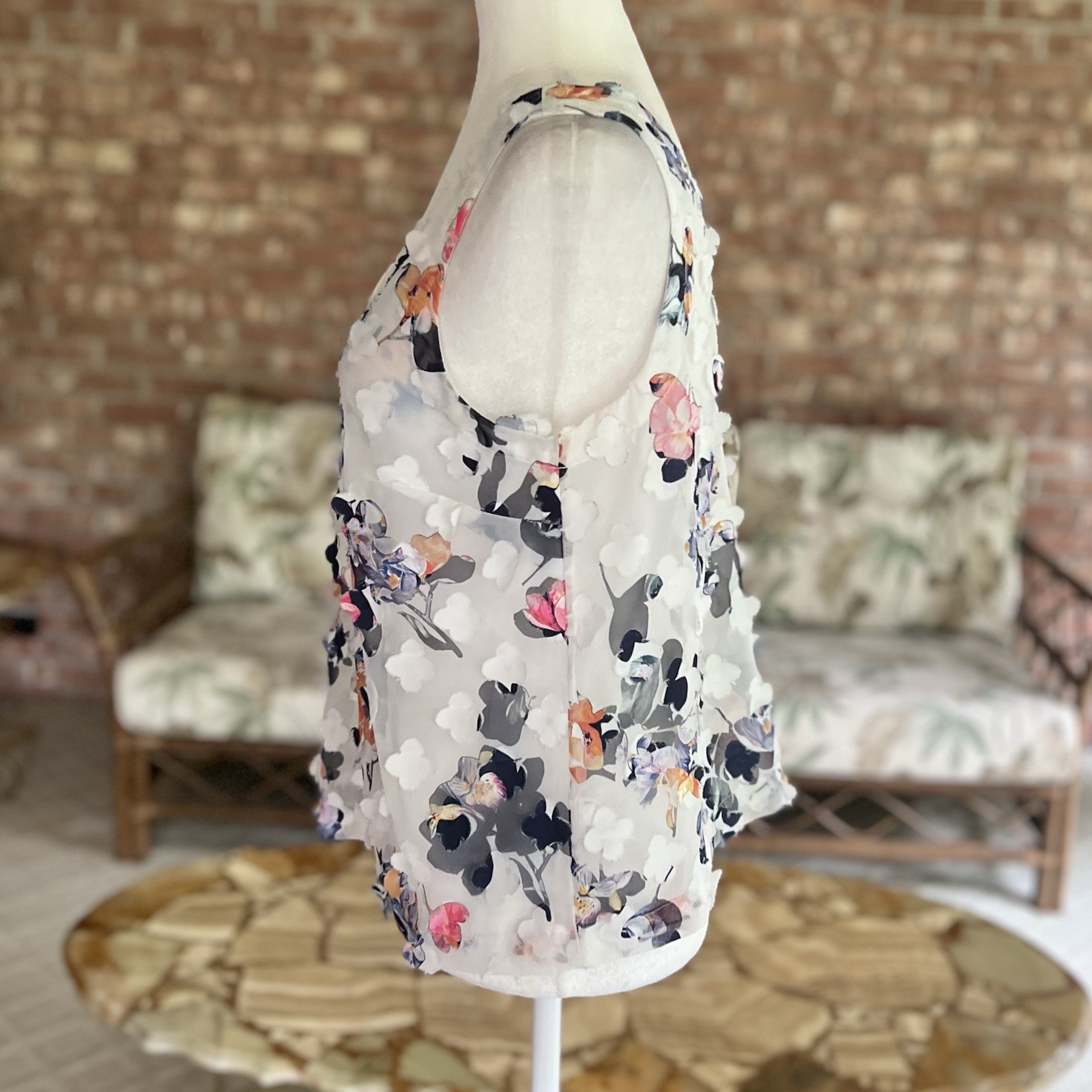 A New Day Women’s White Blue Floral 3D Applique Sheer Tank Top M Fairycore